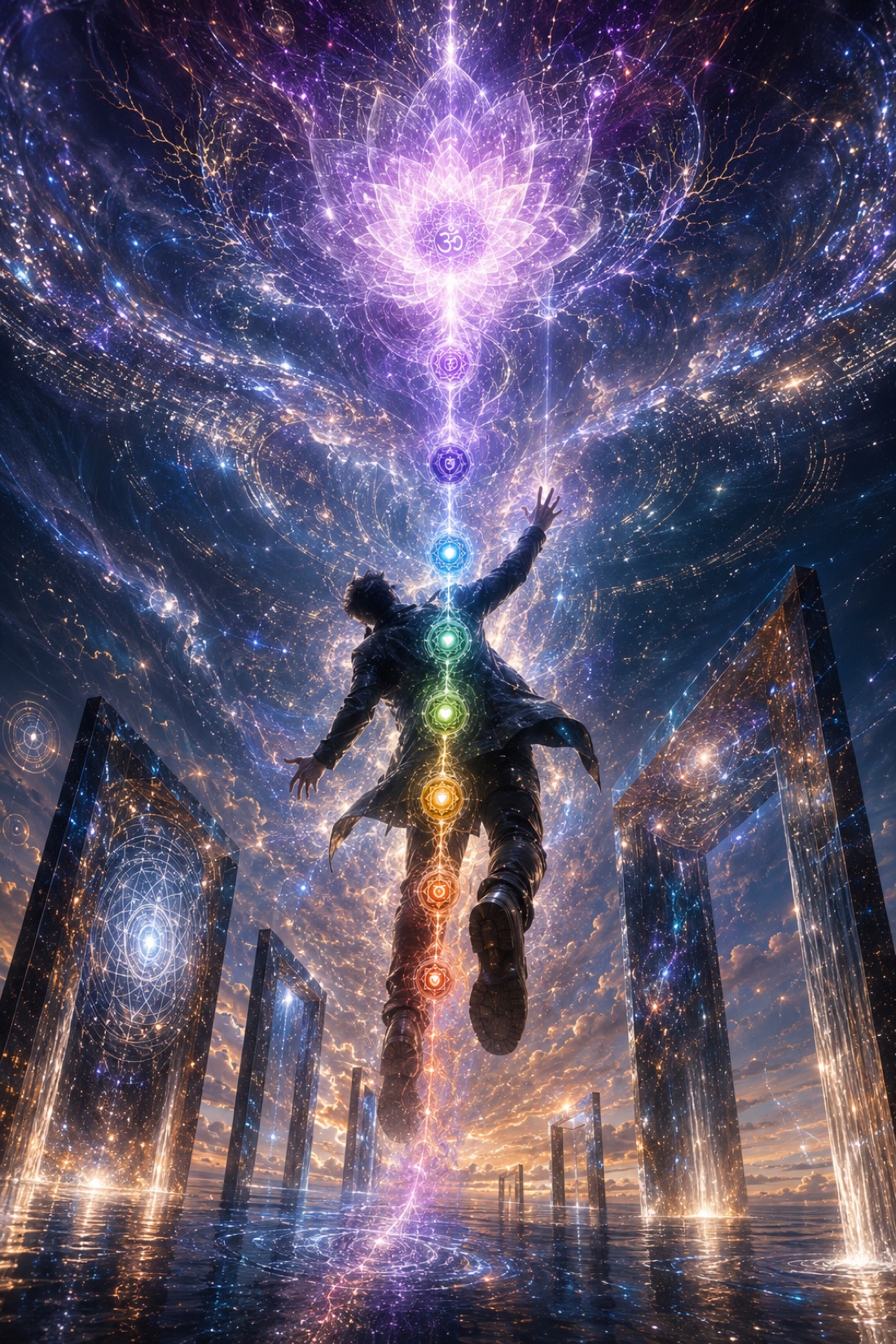 A figure rising between mirror gates, seven glowing energy centers aligned along the body