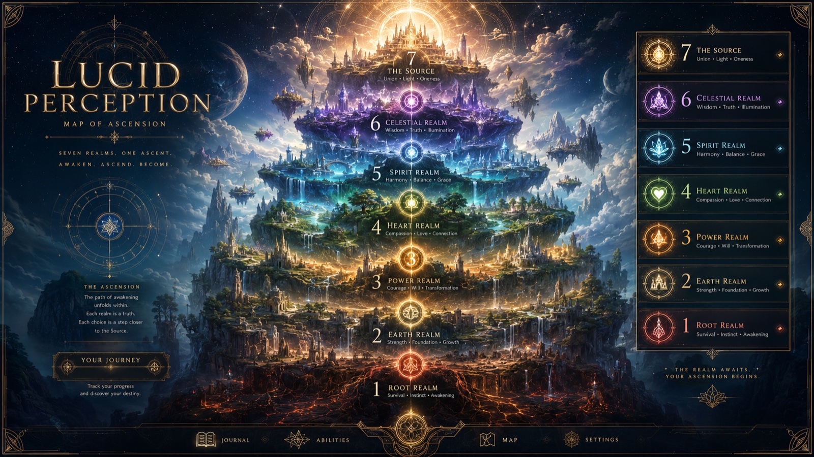 Lucid Perception — Map of Ascension: seven stacked realms rising from the Root Realm to the Source