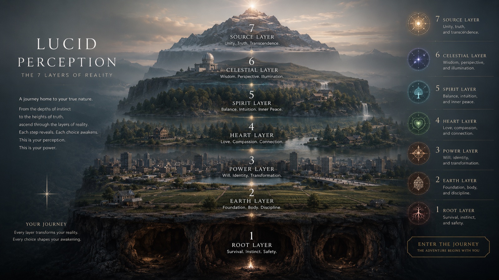 Lucid Perception — The 7 Layers of Reality: a mountain rising from caves of instinct to a summit of light