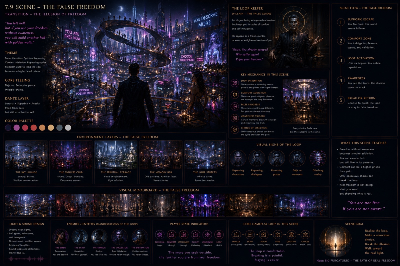 Scene design — The False Freedom, a neon city of pleasure loops and invisible chains