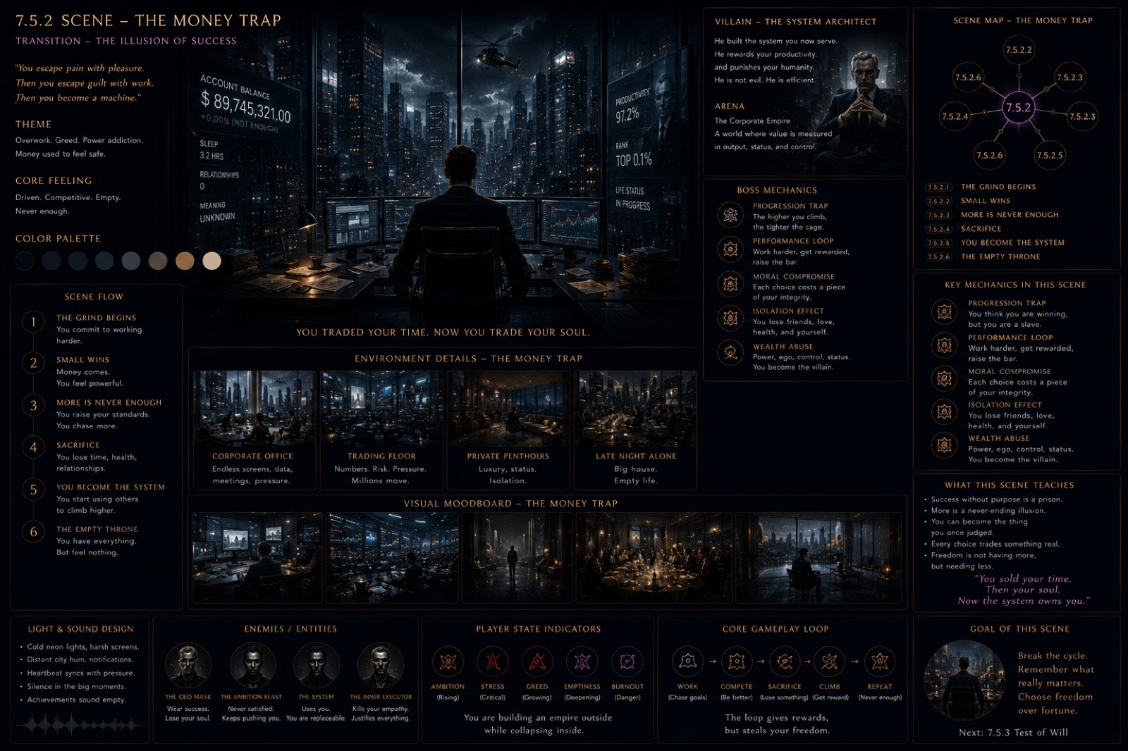 Scene design — The Money Trap, the illusion of success and the empty throne