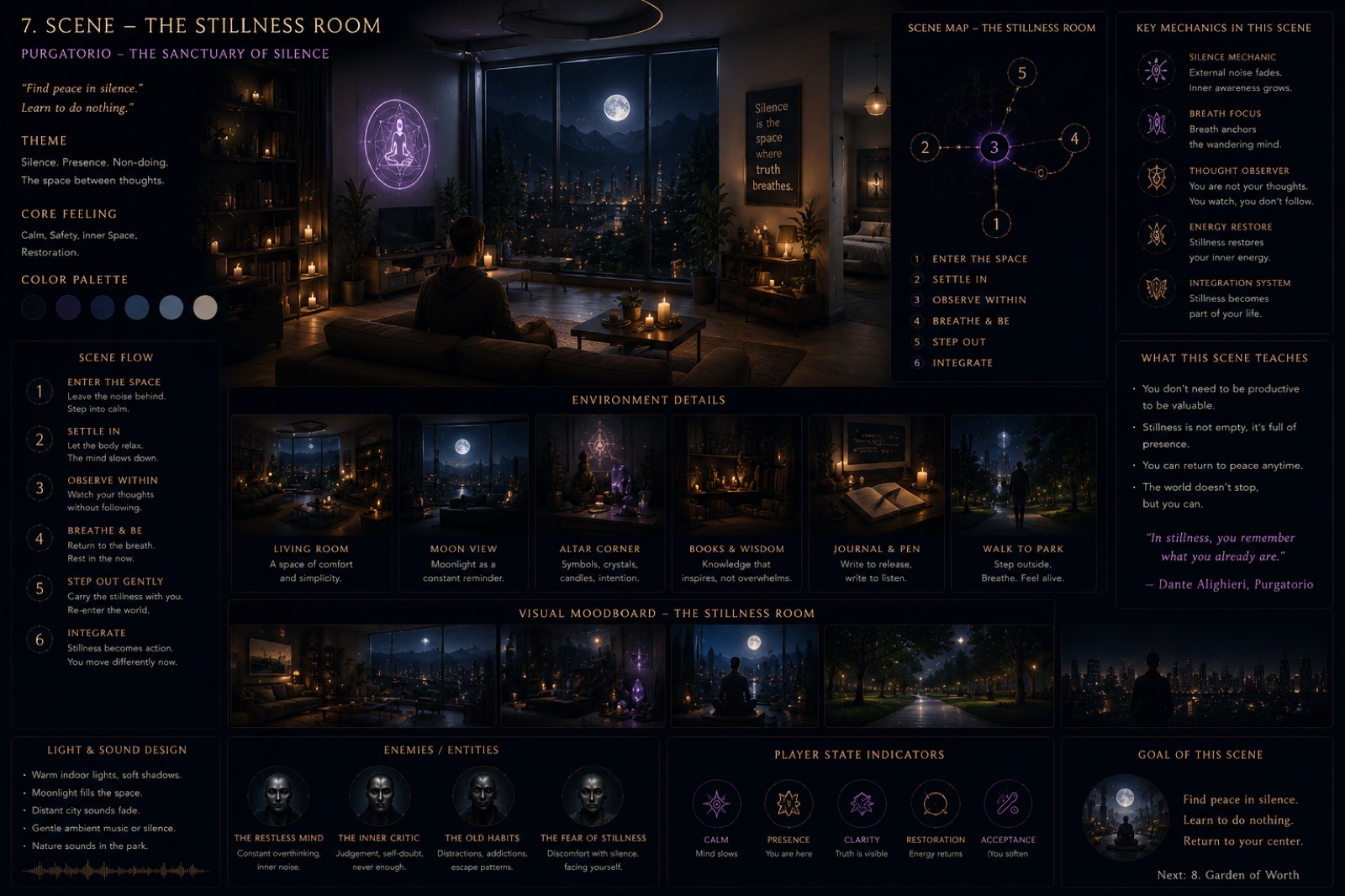 Scene design — The Stillness Room, a sanctuary of silence and non-doing