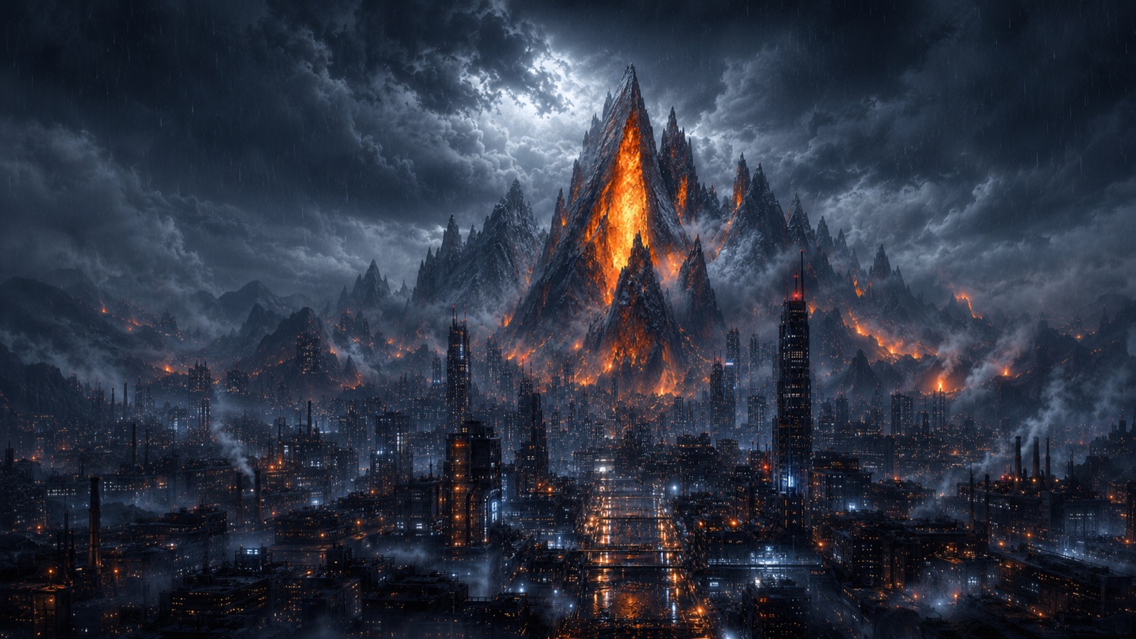 A dark city beneath a burning mountain