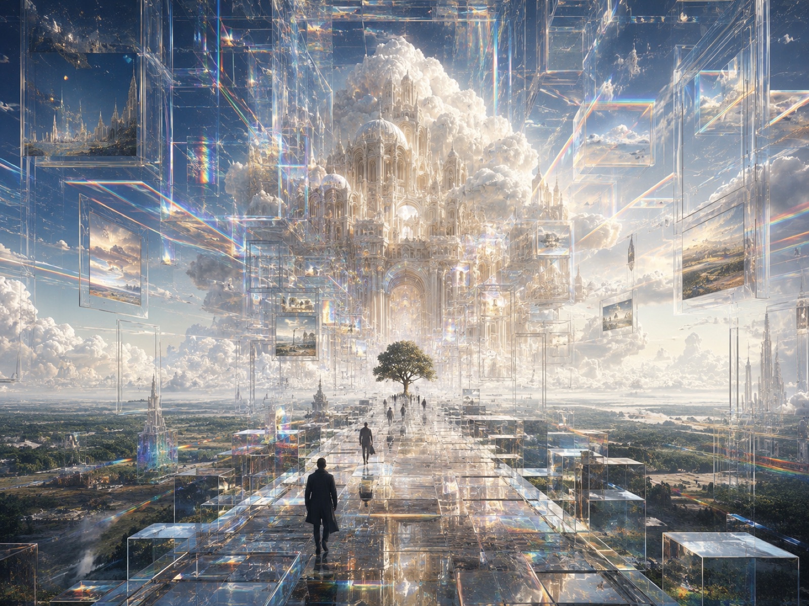A glass causeway leading to a white cathedral rising out of the clouds