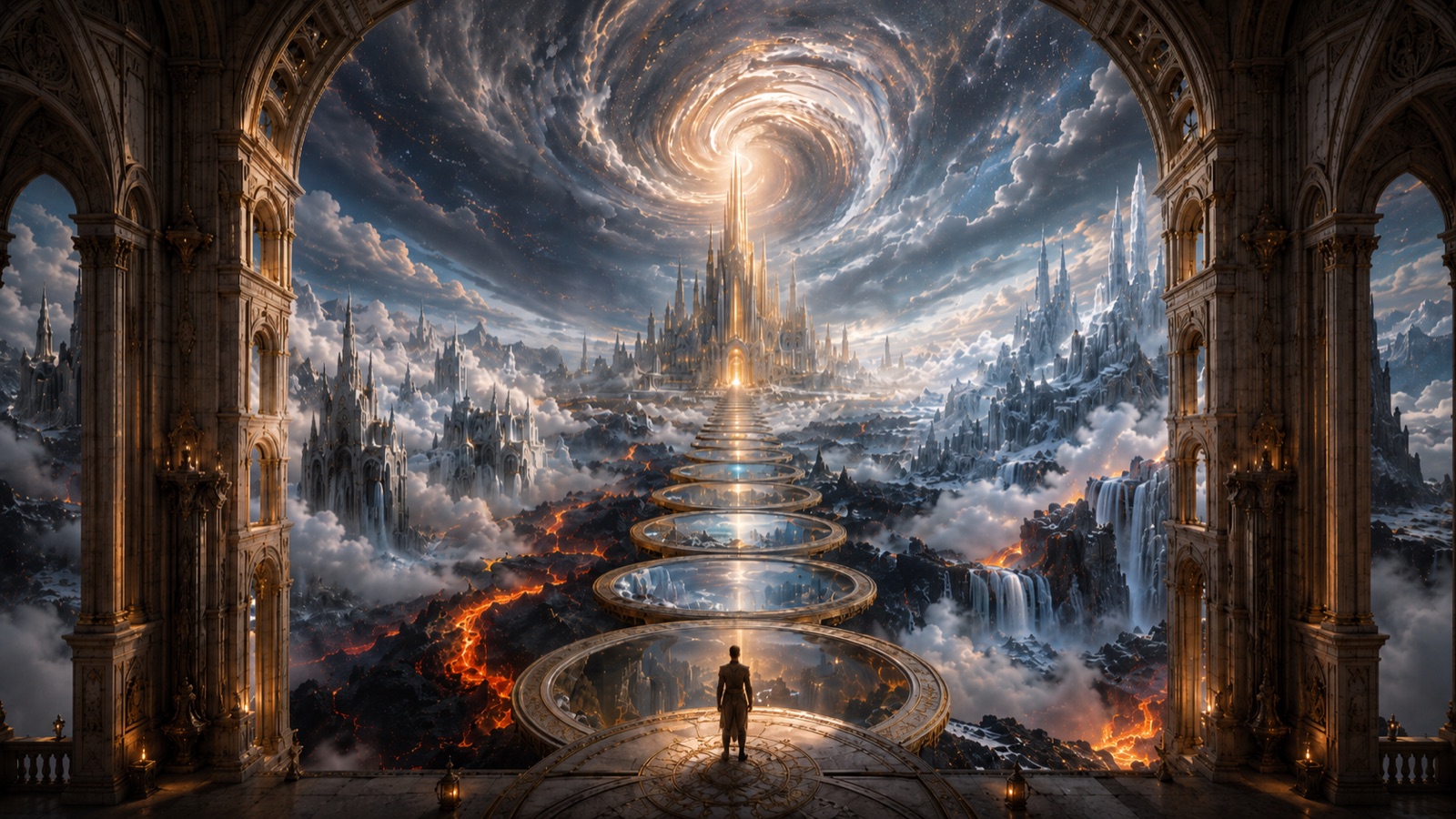 A golden path of circular mirrors leading toward a radiant citadel in the clouds