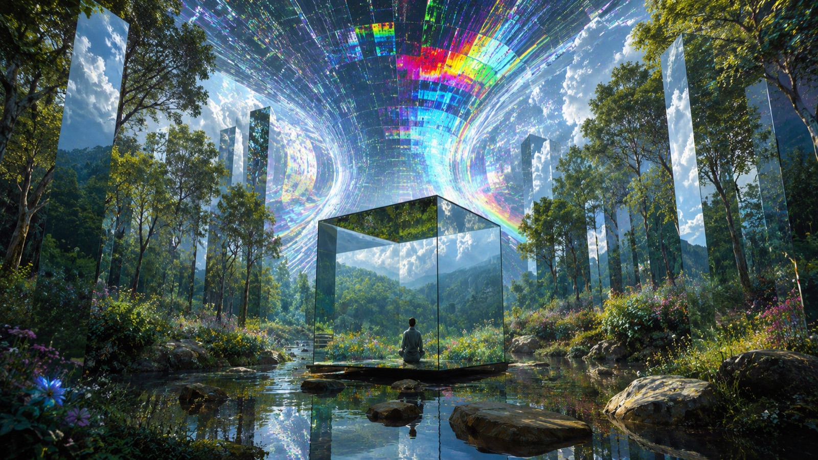A figure meditating inside a mirror cube under a prismatic sky