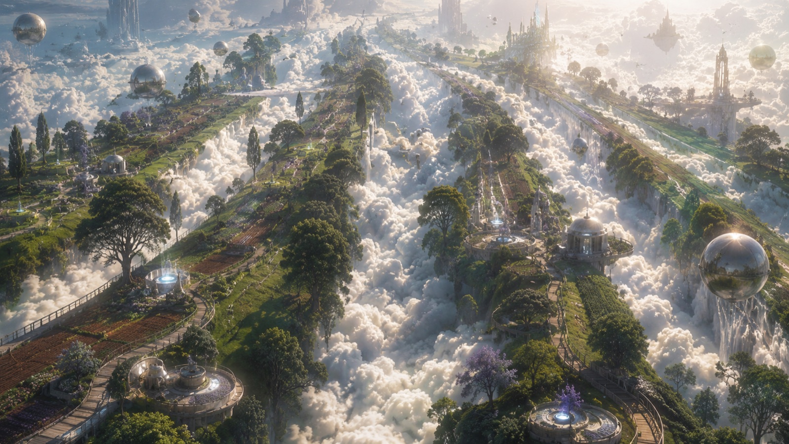 Floating sky gardens above a sea of clouds