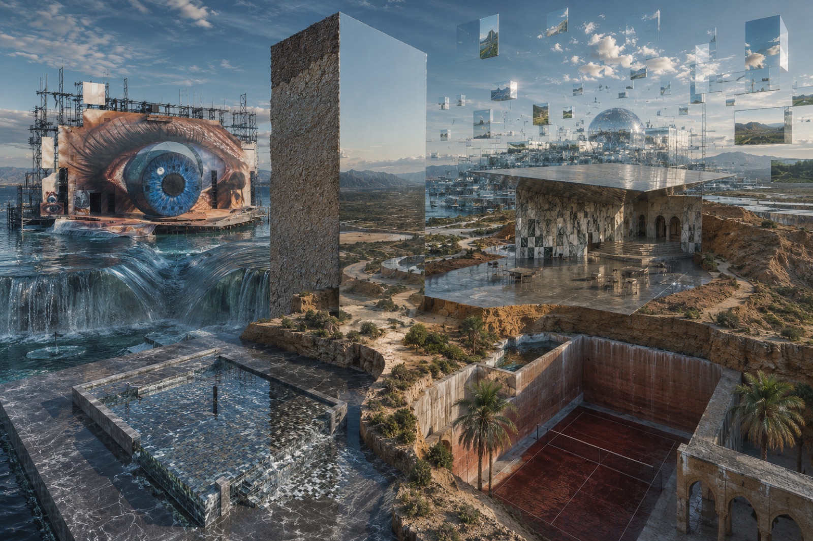 A surreal coastline where a giant painted eye watches over mirrored architecture