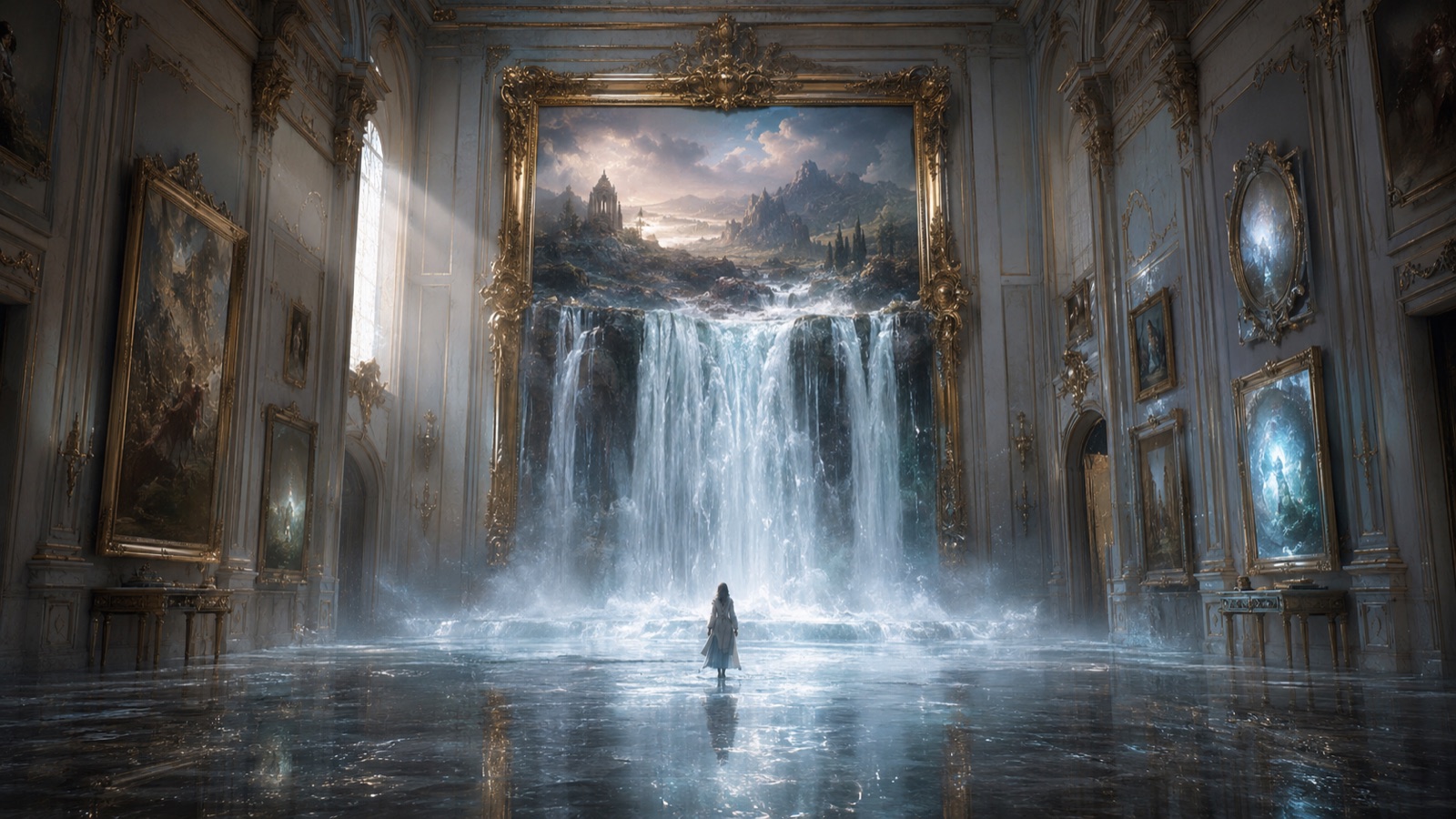 A waterfall pouring out of a giant gilded painting into a palace hall